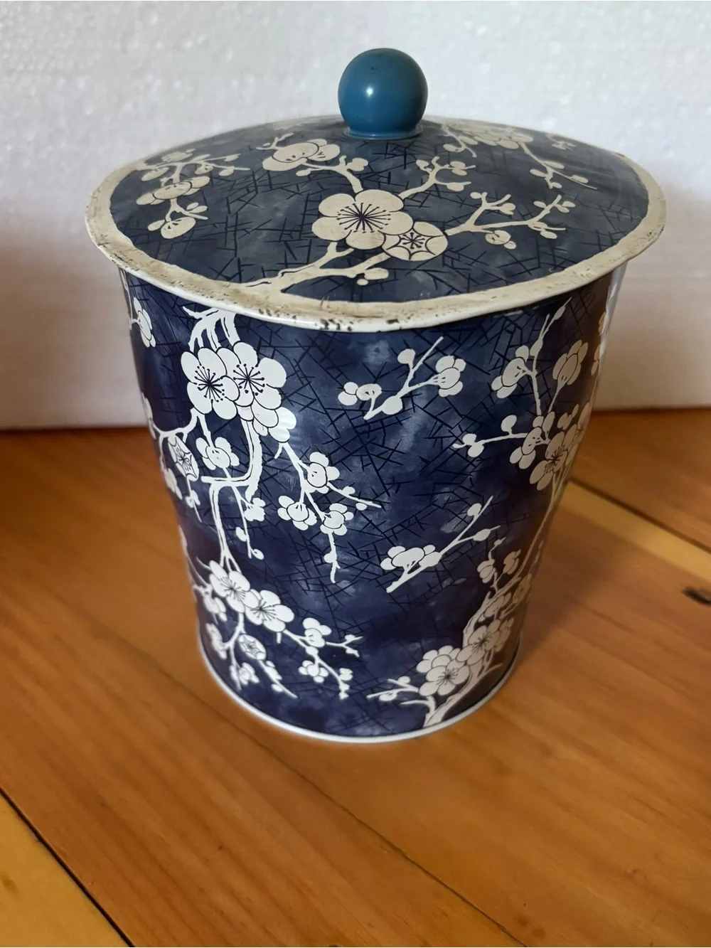 Vintage Daher Blue Cherry Blossom Tin Canister w/ Lid Made in England